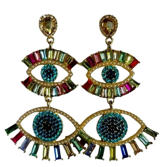 New C & C California Earrings Evil Eye Colored Jewel Rhinestone Dangle - Picture 3 of 7